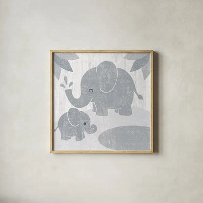 Safari Fun Elephant Gray no Border by Moira Hershey. Shown in a natural wood glass frame for a timeless modern aesthetic. Available as an archival giclee rolled canvas, fine art paper, or poster print. SKU 49895a.