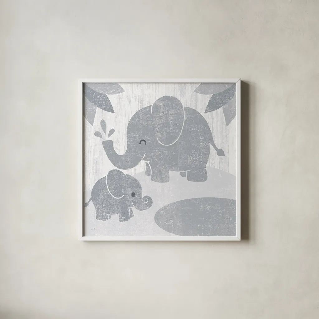 Safari Fun Elephant Gray no Border by Moira Hershey. Shown in a crisp white glass frame for a clean and minimalist style. Available as an archival giclee rolled canvas, fine art paper, or poster print. SKU 49895a.