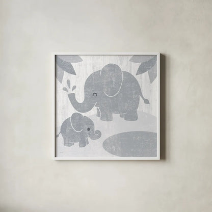 Safari Fun Elephant Gray no Border by Moira Hershey. Shown in a crisp white glass frame for a clean and minimalist style. Available as an archival giclee rolled canvas, fine art paper, or poster print. SKU 49895a.