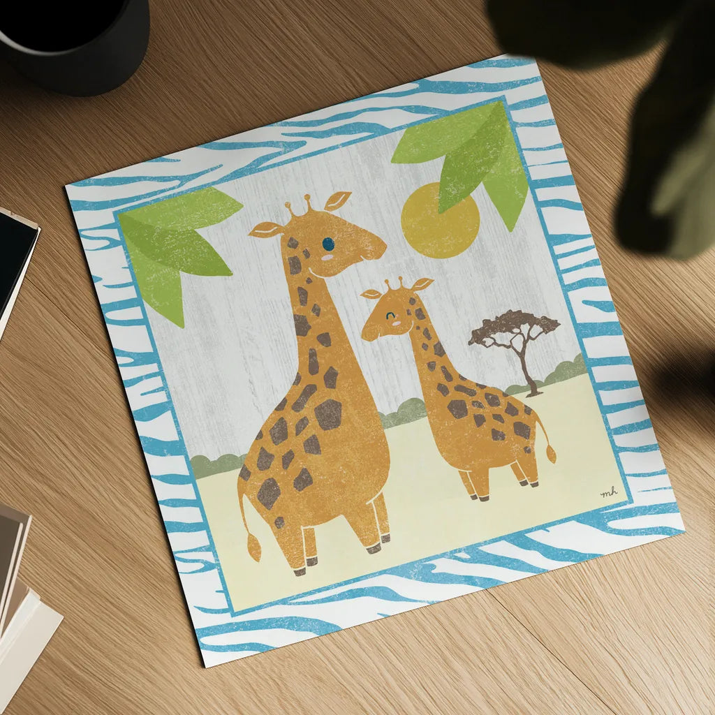 Safari Fun Giraffe by Moira Hershey. Shown as a detailed flat fine art print, highlighting archival giclee quality. Available as an archival giclee rolled canvas, fine art paper, or poster print. SKU 19923a.