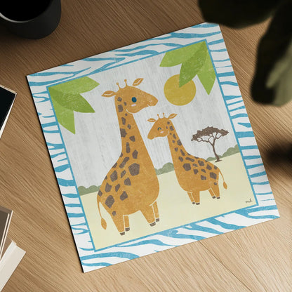 Safari Fun Giraffe by Moira Hershey. Shown as a detailed flat fine art print, highlighting archival giclee quality. Available as an archival giclee rolled canvas, fine art paper, or poster print. SKU 19923a.