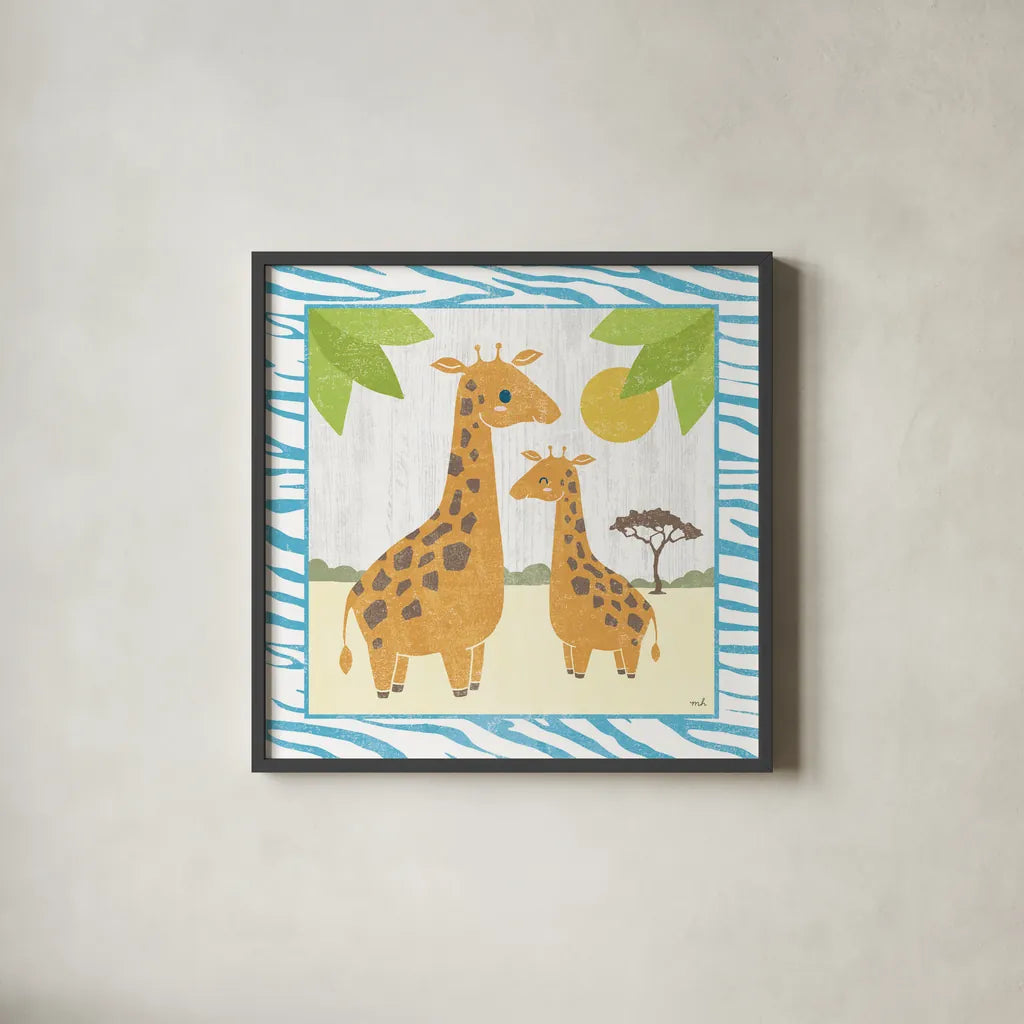 Safari Fun Giraffe by Moira Hershey. Shown in a sleek black glass frame for a contemporary gallery look. Available as an archival giclee rolled canvas, fine art paper, or poster print. SKU 19923a.