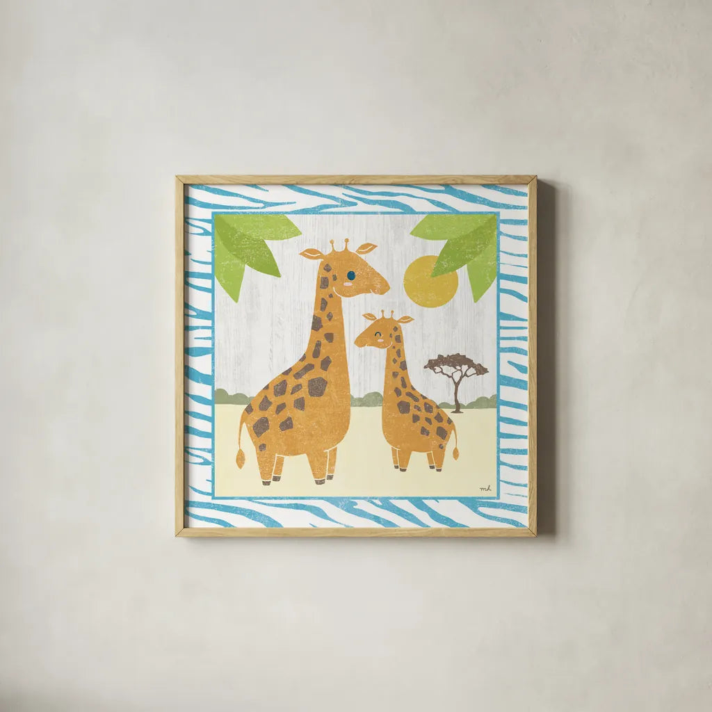 Safari Fun Giraffe by Moira Hershey. Shown in a natural wood glass frame for a timeless modern aesthetic. Available as an archival giclee rolled canvas, fine art paper, or poster print. SKU 19923a.