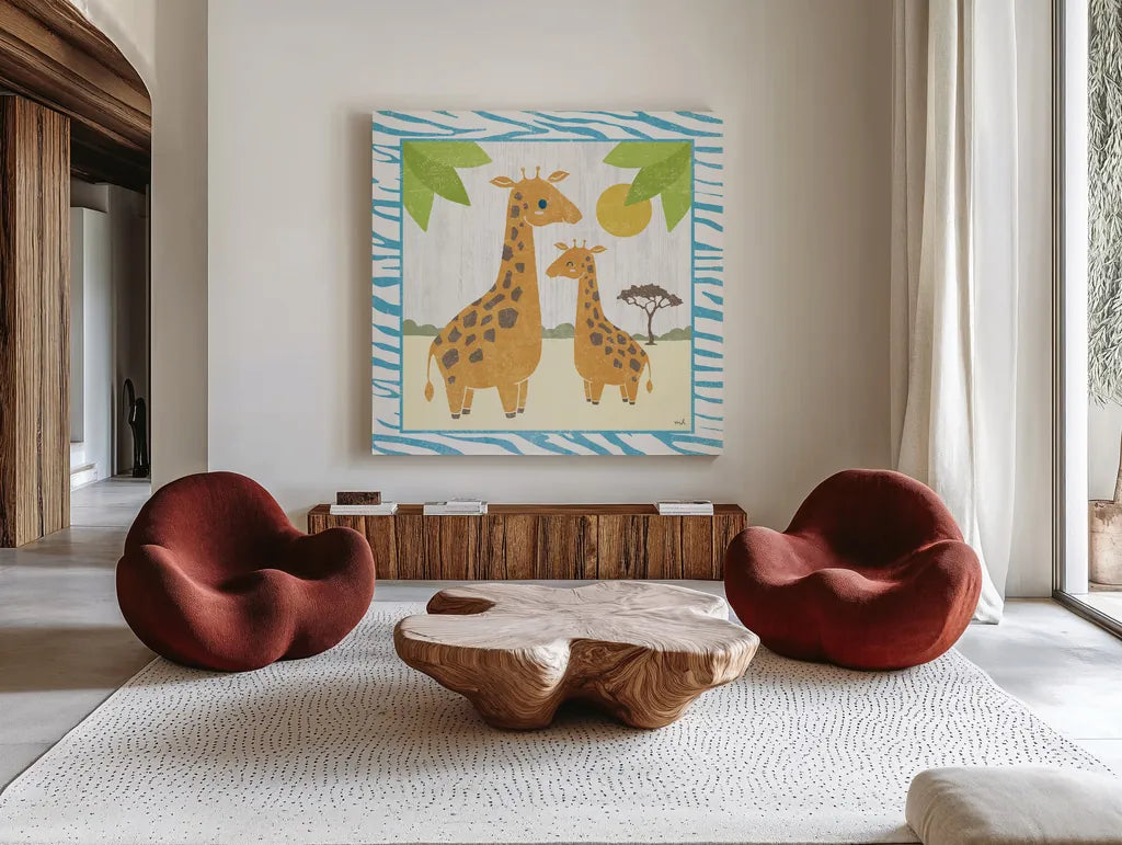 Safari Fun Giraffe by Moira Hershey. Shown as extra-large giant wall art in a modern living room. Available as an archival giclee rolled canvas, fine art paper, or poster print. SKU 19923a.