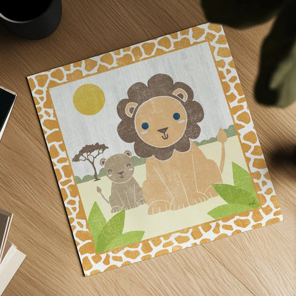 Safari Fun Lion by Moira Hershey. Shown as a detailed flat fine art print, highlighting archival giclee quality. Available as an archival giclee rolled canvas, fine art paper, or poster print. SKU 19925a.