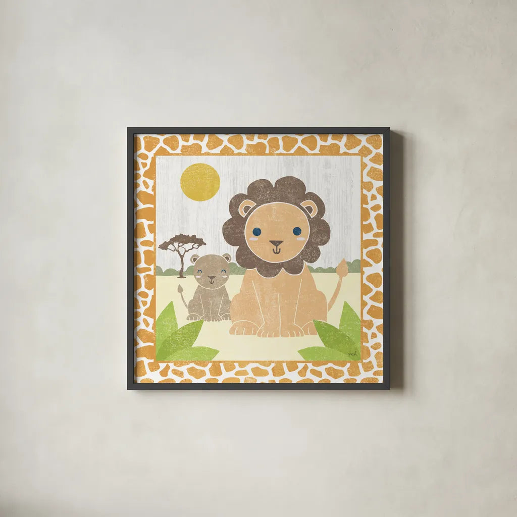 Safari Fun Lion by Moira Hershey. Shown in a sleek black glass frame for a contemporary gallery look. Available as an archival giclee rolled canvas, fine art paper, or poster print. SKU 19925a.
