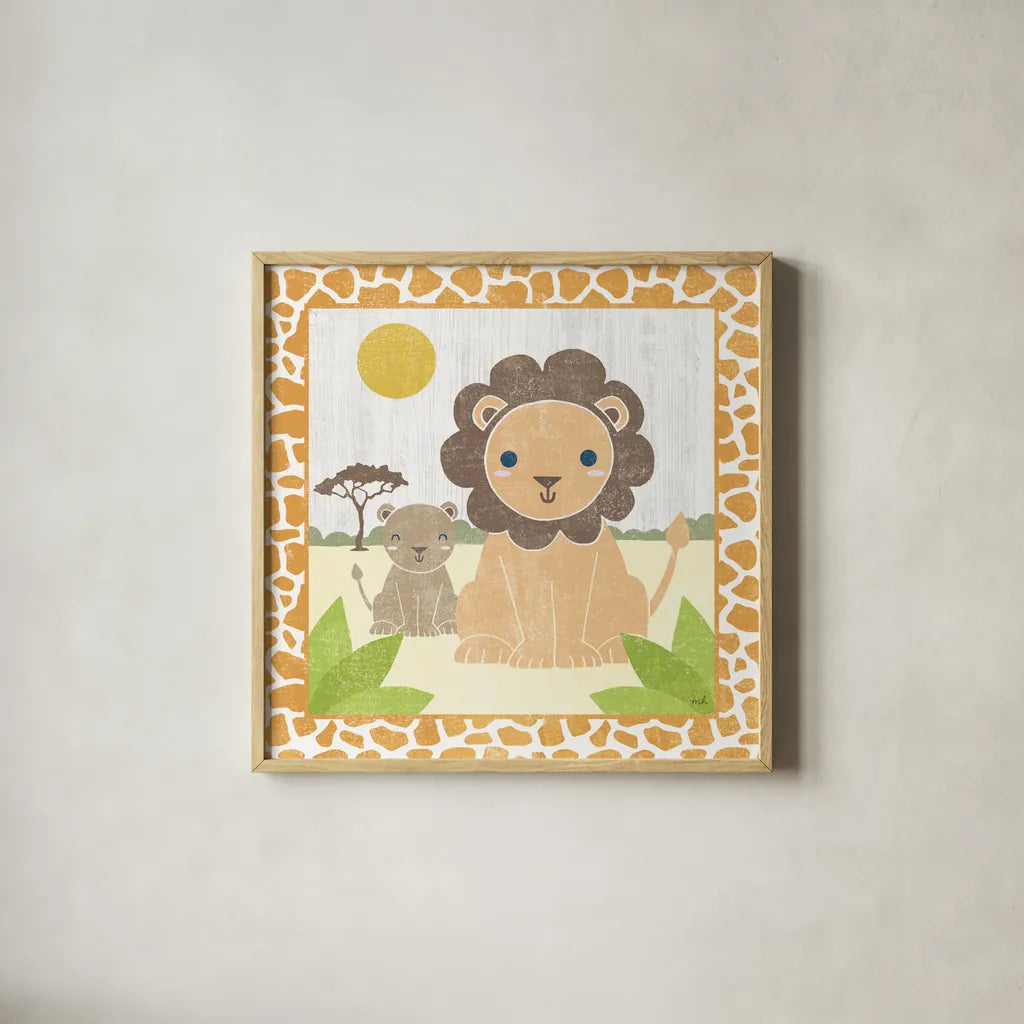 Safari Fun Lion by Moira Hershey. Shown in a natural wood glass frame for a timeless modern aesthetic. Available as an archival giclee rolled canvas, fine art paper, or poster print. SKU 19925a.
