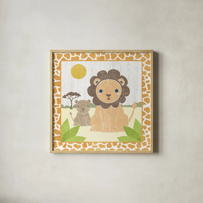 Safari Fun Lion by Moira Hershey. Shown in a natural wood glass frame for a timeless modern aesthetic. Available as an archival giclee rolled canvas, fine art paper, or poster print. SKU 19925a.