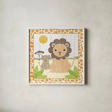 Safari Fun Lion by Moira Hershey. Shown in a crisp white glass frame for a clean and minimalist style. Available as an archival giclee rolled canvas, fine art paper, or poster print. SKU 19925a.