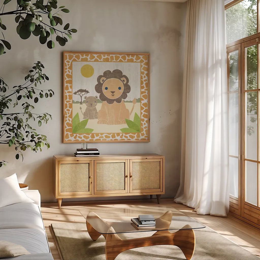 Safari Fun Lion by Moira Hershey. Shown in a natural wood frame in a cozy modern living room. Available as an archival giclee rolled canvas, fine art paper, or poster print. SKU 19925a.