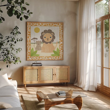Safari Fun Lion by Moira Hershey. Shown in a natural wood frame in a cozy modern living room. Available as an archival giclee rolled canvas, fine art paper, or poster print. SKU 19925a.