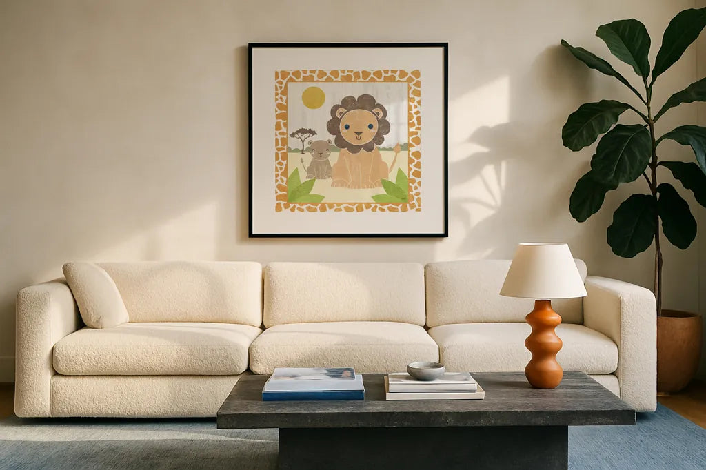 Safari Fun Lion by Moira Hershey. Displayed in a glass frame with matte in a clean modern living room. Available as an archival giclee rolled canvas, fine art paper, or poster print. SKU 19925a.