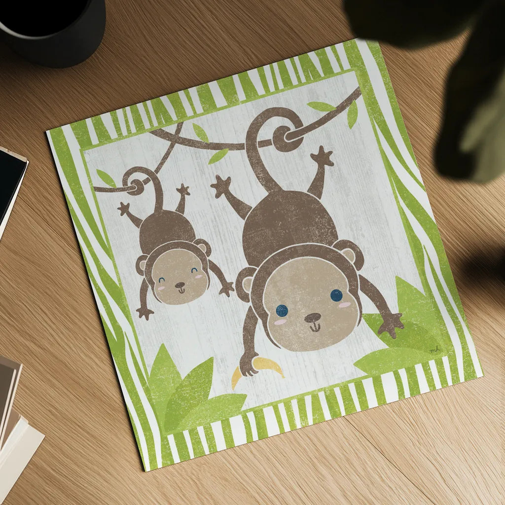 Safari Fun Monkey by Moira Hershey. Shown as a detailed flat fine art print, highlighting archival giclee quality. Available as an archival giclee rolled canvas, fine art paper, or poster print. SKU 19926a.