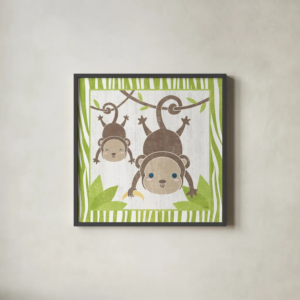 Safari Fun Monkey by Moira Hershey. Shown in a sleek black glass frame for a contemporary gallery look. Available as an archival giclee rolled canvas, fine art paper, or poster print. SKU 19926a.