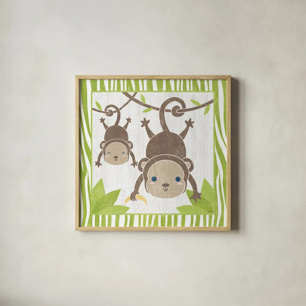 Safari Fun Monkey by Moira Hershey. Shown in a natural wood glass frame for a timeless modern aesthetic. Available as an archival giclee rolled canvas, fine art paper, or poster print. SKU 19926a.