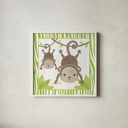 Safari Fun Monkey by Moira Hershey. Shown in a crisp white glass frame for a clean and minimalist style. Available as an archival giclee rolled canvas, fine art paper, or poster print. SKU 19926a.