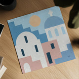 Santorini Summer I Sq by Moira Hershey. Shown as a detailed flat fine art print, highlighting archival giclee quality. Available as an archival giclee rolled canvas, fine art paper, or poster print. SKU 80666a.