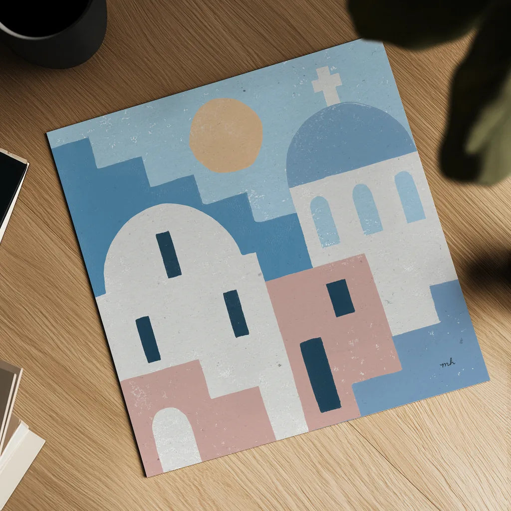 Santorini Summer I Sq by Moira Hershey. Shown as a detailed flat fine art print, highlighting archival giclee quality. Available as an archival giclee rolled canvas, fine art paper, or poster print. SKU 80666a.
