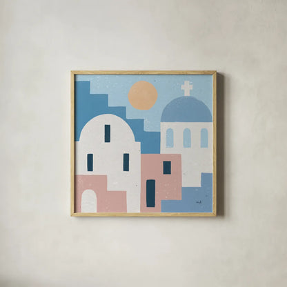 Santorini Summer I Sq by Moira Hershey. Shown in a natural wood glass frame for a timeless modern aesthetic. Available as an archival giclee rolled canvas, fine art paper, or poster print. SKU 80666a.