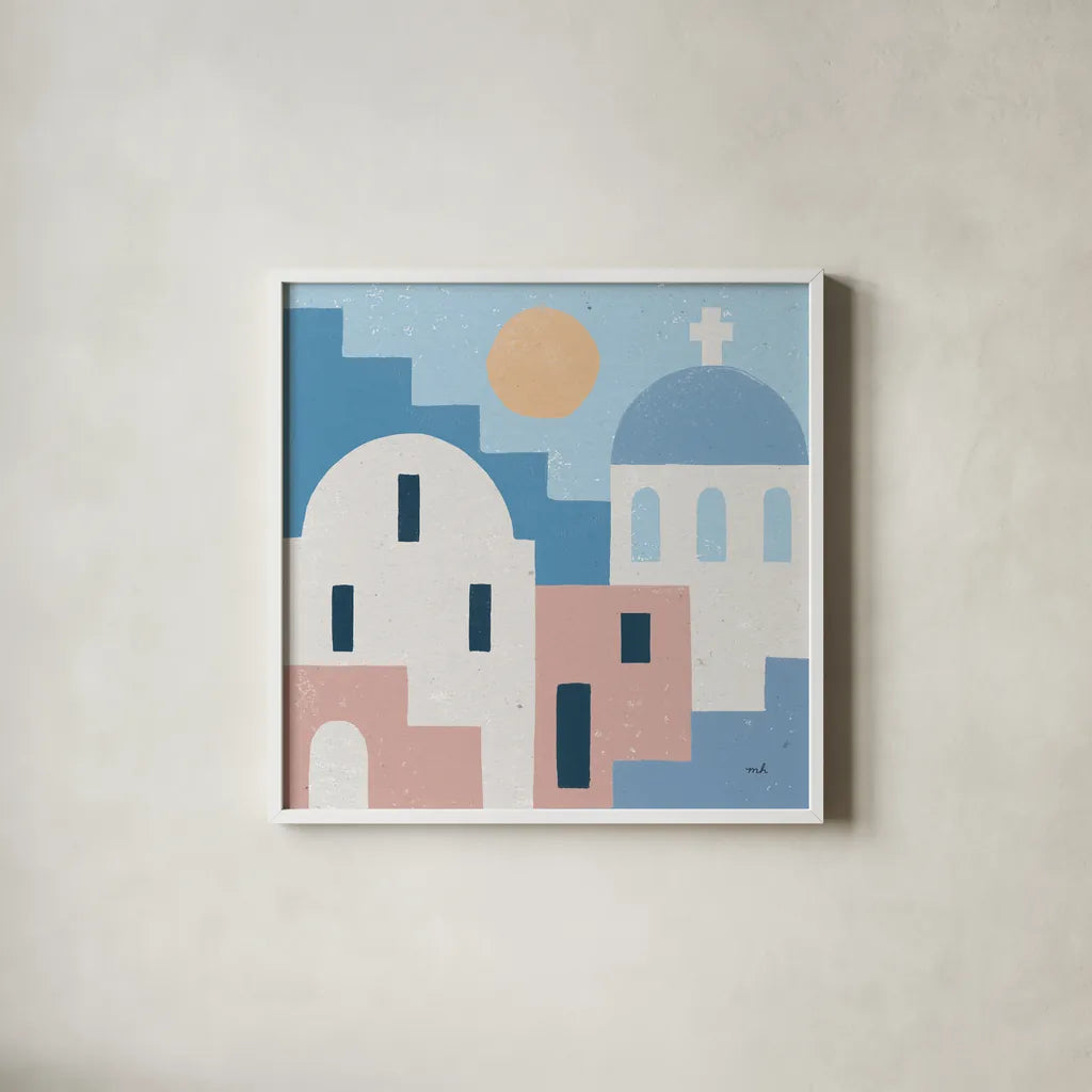 Santorini Summer I Sq by Moira Hershey. Shown in a crisp white glass frame for a clean and minimalist style. Available as an archival giclee rolled canvas, fine art paper, or poster print. SKU 80666a.