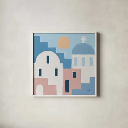 Santorini Summer I Sq by Moira Hershey. Shown in a crisp white glass frame for a clean and minimalist style. Available as an archival giclee rolled canvas, fine art paper, or poster print. SKU 80666a.