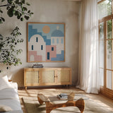 Santorini Summer I Sq by Moira Hershey. Shown in a natural wood frame in a cozy modern living room. Available as an archival giclee rolled canvas, fine art paper, or poster print. SKU 80666a.