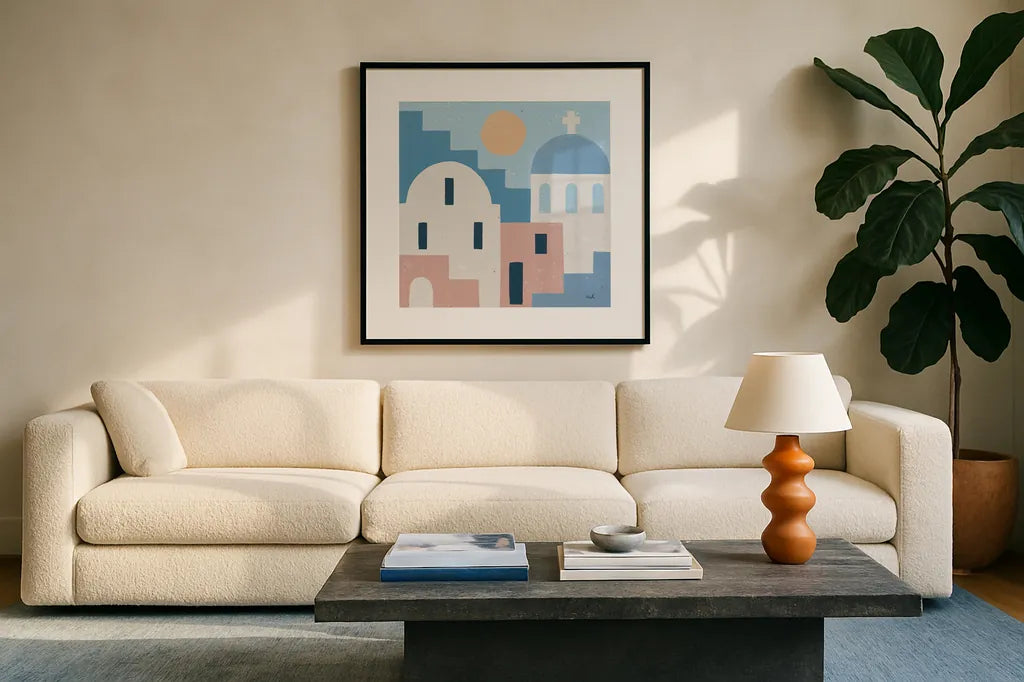 Santorini Summer I Sq by Moira Hershey. Displayed in a glass frame with matte in a clean modern living room. Available as an archival giclee rolled canvas, fine art paper, or poster print. SKU 80666a.
