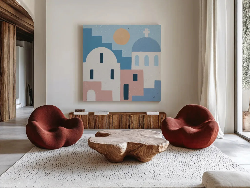 Santorini Summer I Sq by Moira Hershey. Shown as extra-large giant wall art in a modern living room. Available as an archival giclee rolled canvas, fine art paper, or poster print. SKU 80666a.