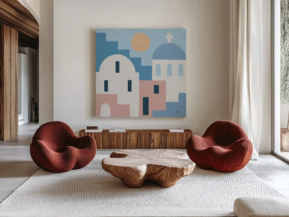Santorini Summer I Sq by Moira Hershey. Shown as extra-large giant wall art in a modern living room. Available as an archival giclee rolled canvas, fine art paper, or poster print. SKU 80666a.