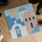 Santorini Summer II Sq by Moira Hershey. Shown as a detailed flat fine art print, highlighting archival giclee quality. Available as an archival giclee rolled canvas, fine art paper, or poster print. SKU 80667a.