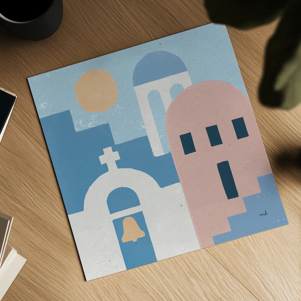 Santorini Summer II Sq by Moira Hershey. Shown as a detailed flat fine art print, highlighting archival giclee quality. Available as an archival giclee rolled canvas, fine art paper, or poster print. SKU 80667a.