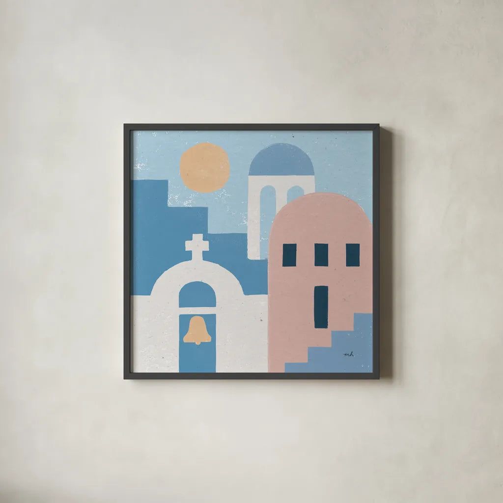 Santorini Summer II Sq by Moira Hershey. Shown in a sleek black glass frame for a contemporary gallery look. Available as an archival giclee rolled canvas, fine art paper, or poster print. SKU 80667a.