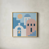 Santorini Summer II Sq by Moira Hershey. Shown in a natural wood glass frame for a timeless modern aesthetic. Available as an archival giclee rolled canvas, fine art paper, or poster print. SKU 80667a.