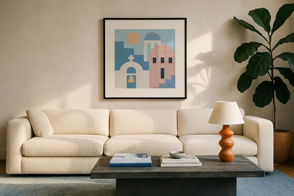 Santorini Summer II Sq by Moira Hershey. Displayed in a glass frame with matte in a clean modern living room. Available as an archival giclee rolled canvas, fine art paper, or poster print. SKU 80667a.