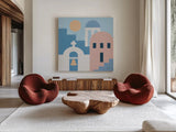 Santorini Summer II Sq by Moira Hershey. Shown as extra-large giant wall art in a modern living room. Available as an archival giclee rolled canvas, fine art paper, or poster print. SKU 80667a.