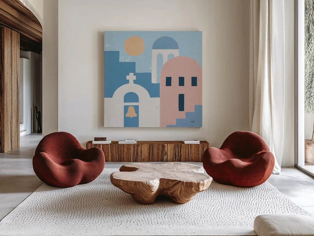 Santorini Summer II Sq by Moira Hershey. Shown as extra-large giant wall art in a modern living room. Available as an archival giclee rolled canvas, fine art paper, or poster print. SKU 80667a.