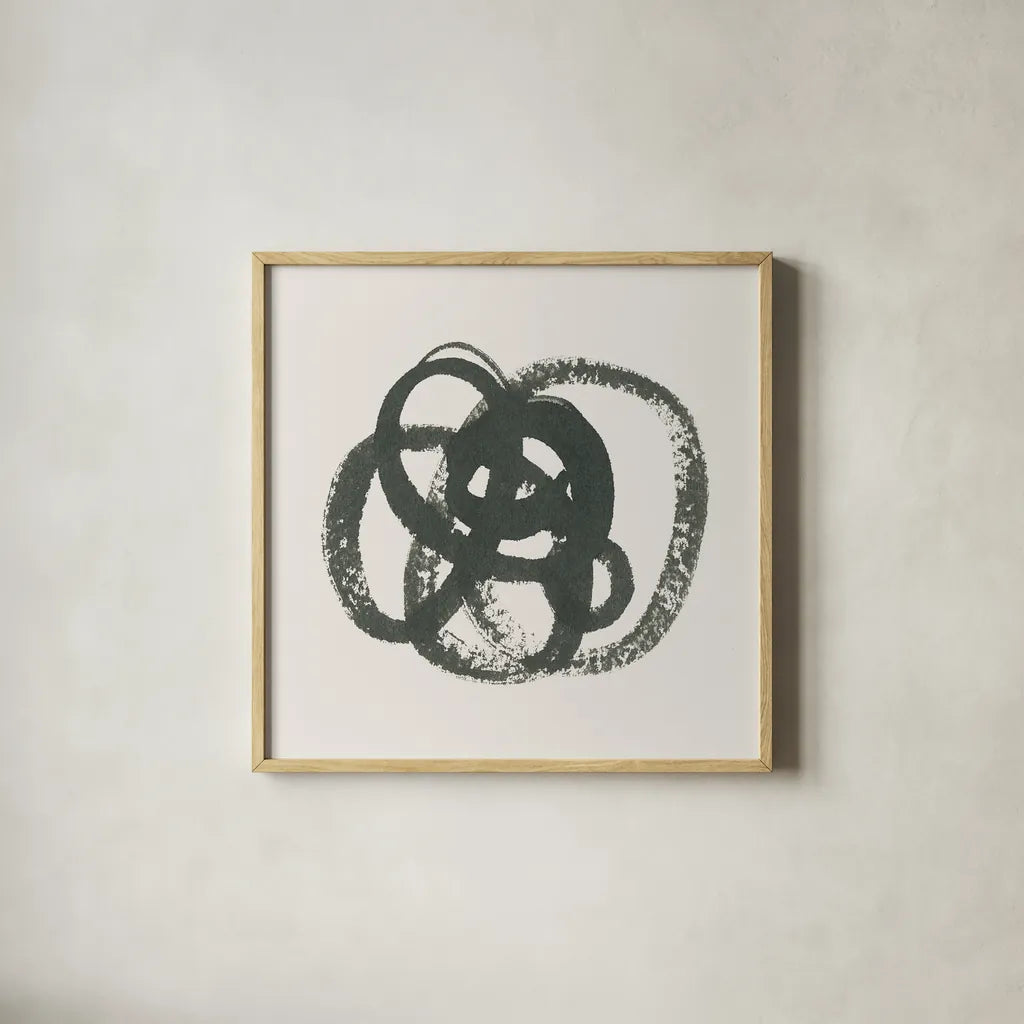 Scribbly Black I by Moira Hershey. Shown in a natural wood glass frame for a timeless modern aesthetic. Available as an archival giclee rolled canvas, fine art paper, or poster print. SKU 54586a.