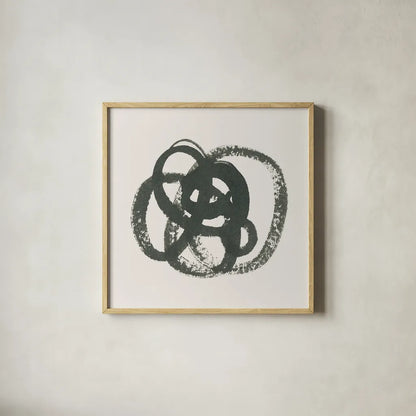 Scribbly Black I by Moira Hershey. Shown in a natural wood glass frame for a timeless modern aesthetic. Available as an archival giclee rolled canvas, fine art paper, or poster print. SKU 54586a.