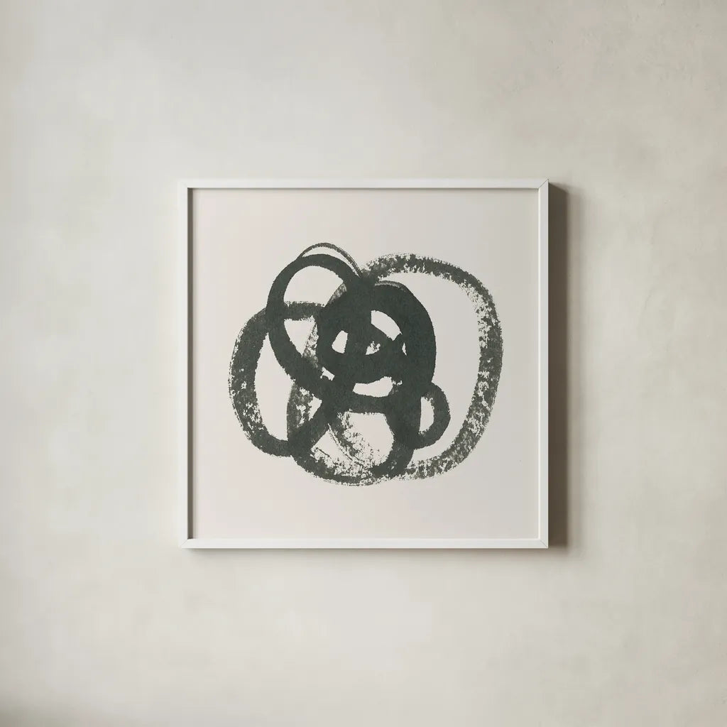 Scribbly Black I by Moira Hershey. Shown in a crisp white glass frame for a clean and minimalist style. Available as an archival giclee rolled canvas, fine art paper, or poster print. SKU 54586a.