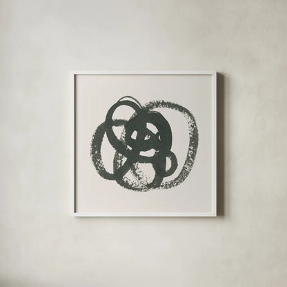 Scribbly Black I by Moira Hershey. Shown in a crisp white glass frame for a clean and minimalist style. Available as an archival giclee rolled canvas, fine art paper, or poster print. SKU 54586a.