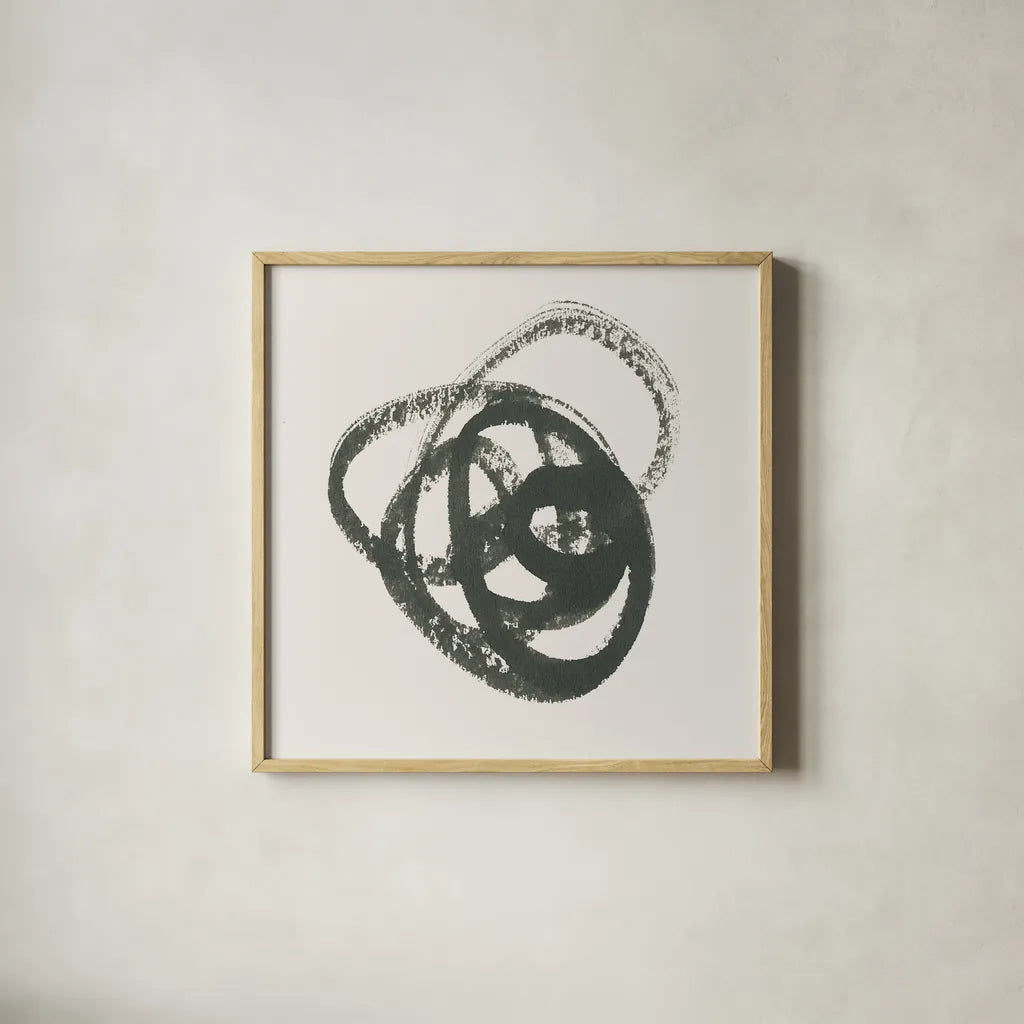 Scribbly Black III by Moira Hershey. Shown in a natural wood glass frame for a timeless modern aesthetic. Available as an archival giclee rolled canvas, fine art paper, or poster print. SKU 54588a.