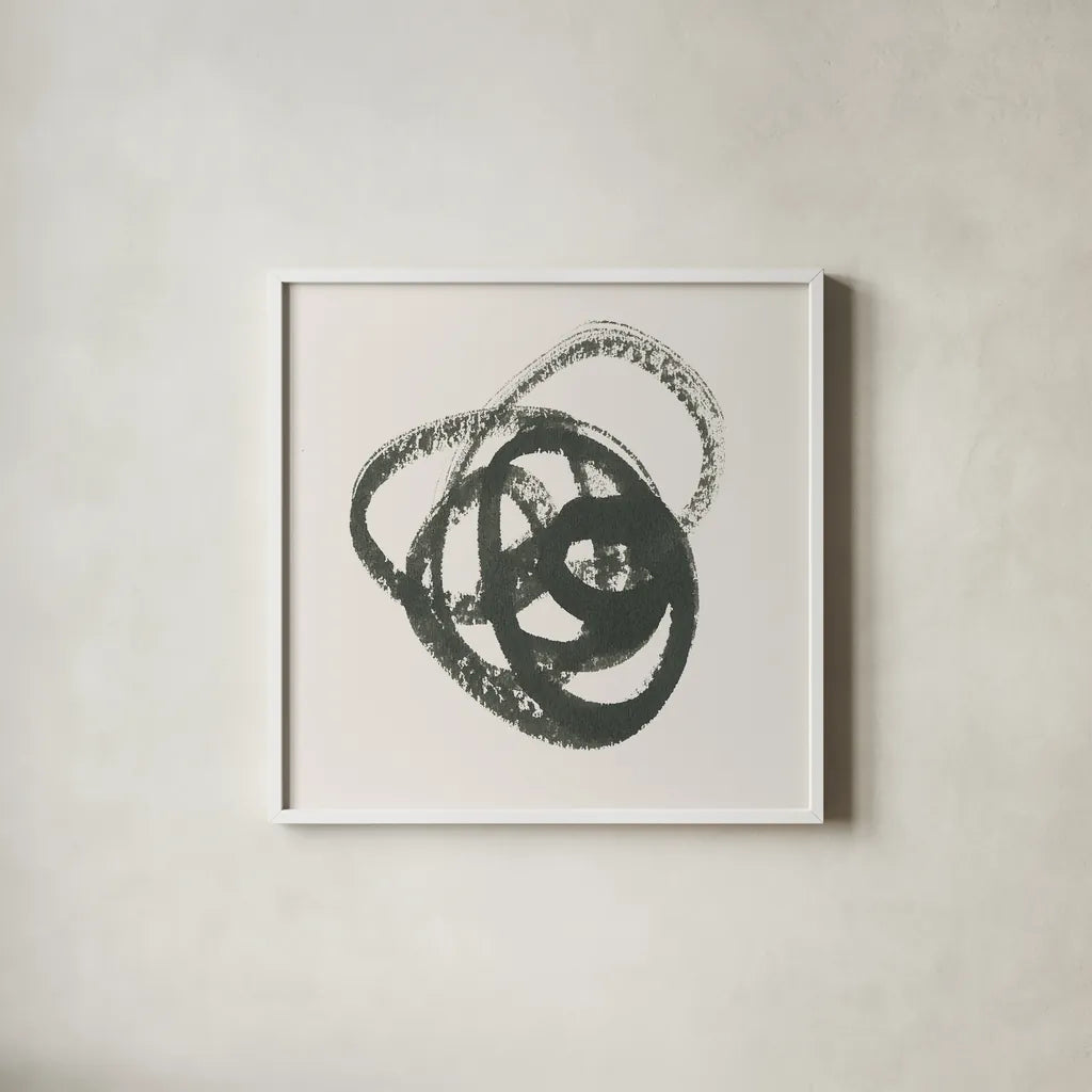 Scribbly Black III by Moira Hershey. Shown in a crisp white glass frame for a clean and minimalist style. Available as an archival giclee rolled canvas, fine art paper, or poster print. SKU 54588a.