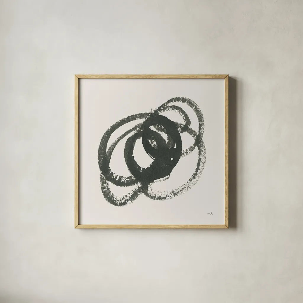 Scribbly Black IV by Moira Hershey. Shown in a natural wood glass frame for a timeless modern aesthetic. Available as an archival giclee rolled canvas, fine art paper, or poster print. SKU 54589a.