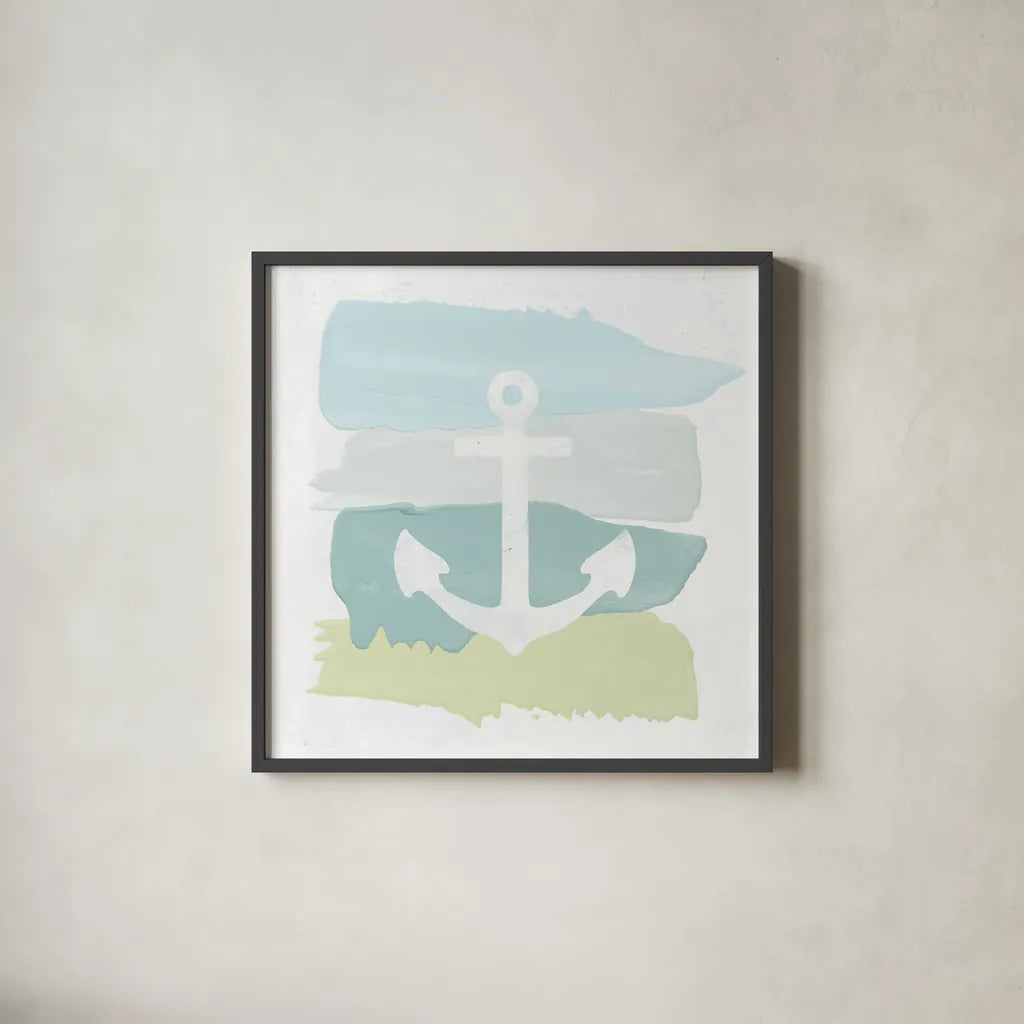 Seaside Swatch Anchor by Moira Hershey. Shown in a sleek black glass frame for a contemporary gallery look. Available as an archival giclee rolled canvas, fine art paper, or poster print. SKU 32773a.