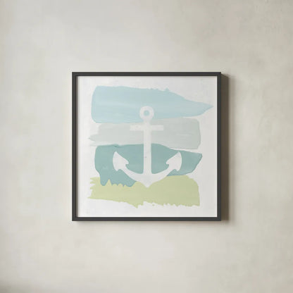 Seaside Swatch Anchor by Moira Hershey. Shown in a sleek black glass frame for a contemporary gallery look. Available as an archival giclee rolled canvas, fine art paper, or poster print. SKU 32773a.