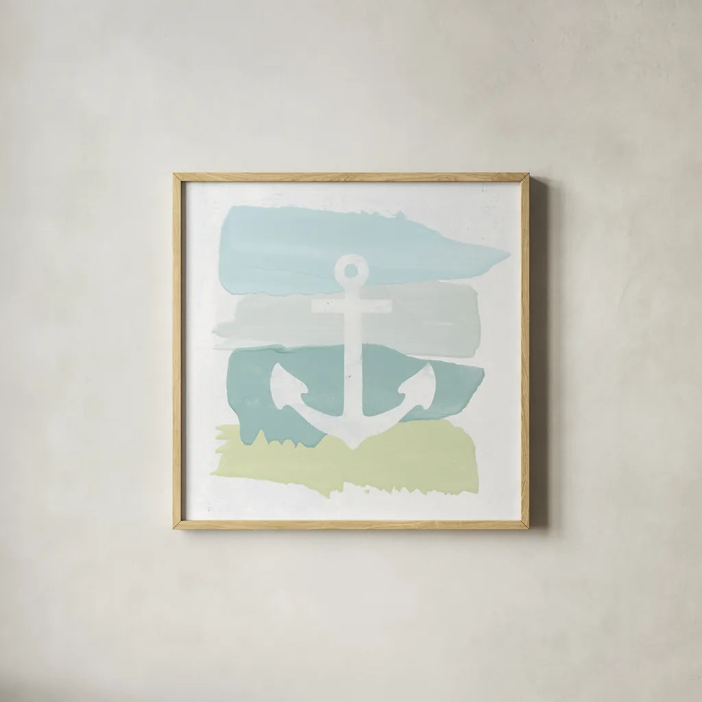 Seaside Swatch Anchor by Moira Hershey. Shown in a natural wood glass frame for a timeless modern aesthetic. Available as an archival giclee rolled canvas, fine art paper, or poster print. SKU 32773a.