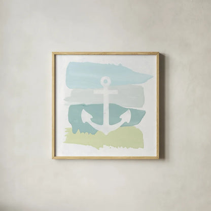 Seaside Swatch Anchor by Moira Hershey. Shown in a natural wood glass frame for a timeless modern aesthetic. Available as an archival giclee rolled canvas, fine art paper, or poster print. SKU 32773a.
