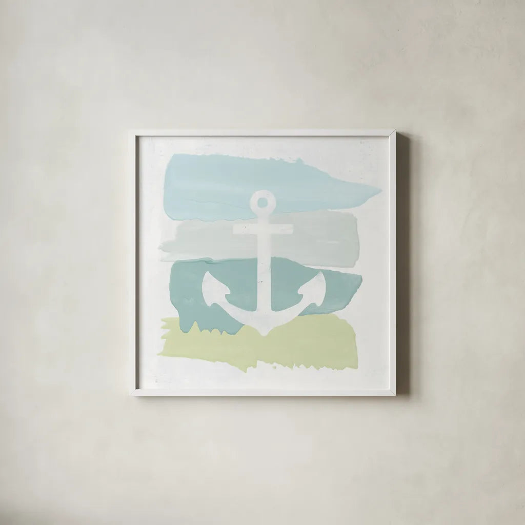 Seaside Swatch Anchor by Moira Hershey. Shown in a crisp white glass frame for a clean and minimalist style. Available as an archival giclee rolled canvas, fine art paper, or poster print. SKU 32773a.