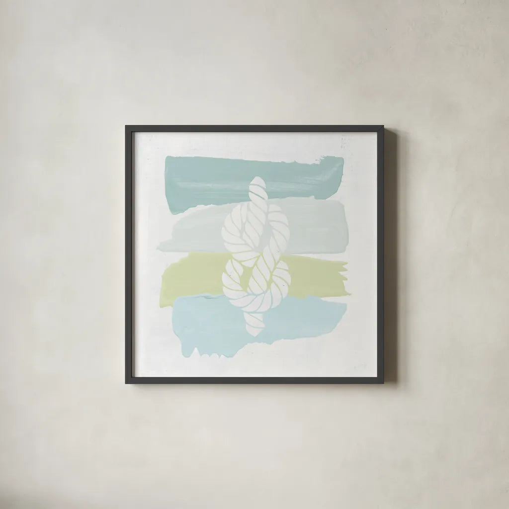 Seaside Swatch Knot by Moira Hershey. Shown in a sleek black glass frame for a contemporary gallery look. Available as an archival giclee rolled canvas, fine art paper, or poster print. SKU 32775a.