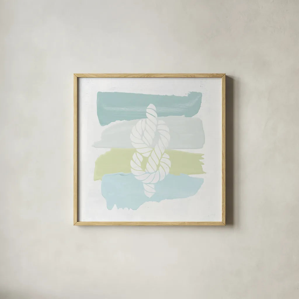 Seaside Swatch Knot by Moira Hershey. Shown in a natural wood glass frame for a timeless modern aesthetic. Available as an archival giclee rolled canvas, fine art paper, or poster print. SKU 32775a.